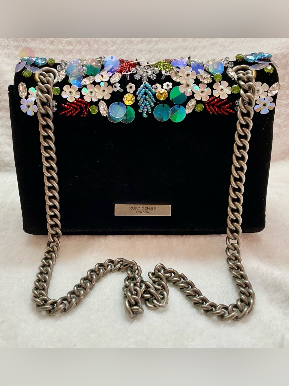 Kurt Geiger Black Embellished Floral Crystal Shoulder Bag - Picture 8 of 11
